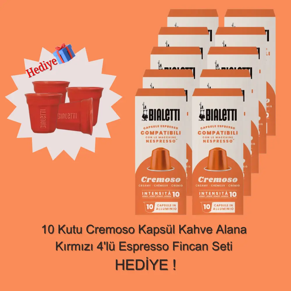 Bialetti Nespresso Uyumlu Cremoso 100 Adet Kapsül Kahve Alana 4 Adet Kırmızı Shot Bardağı Hediye Bialetti Nespresso Uyumlu Cremoso 100 Adet Kapsül Kahve Alana 4 Adet Kırmızı Shot Bardağı Hediye