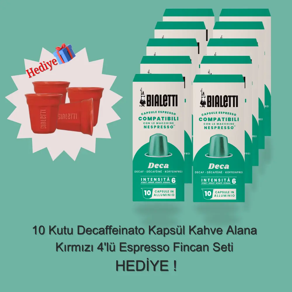 Bialetti Nespresso Uyumlu Decaffeinato 100 Adet Kapsül Kahve Alana 4 Adet Kırmızı Shot Bardağı Hediye Bialetti Nespresso Uyumlu Decaffeinato 100 Adet Kapsül Kahve Alana 4 Adet Kırmızı Shot Bardağı Hediye