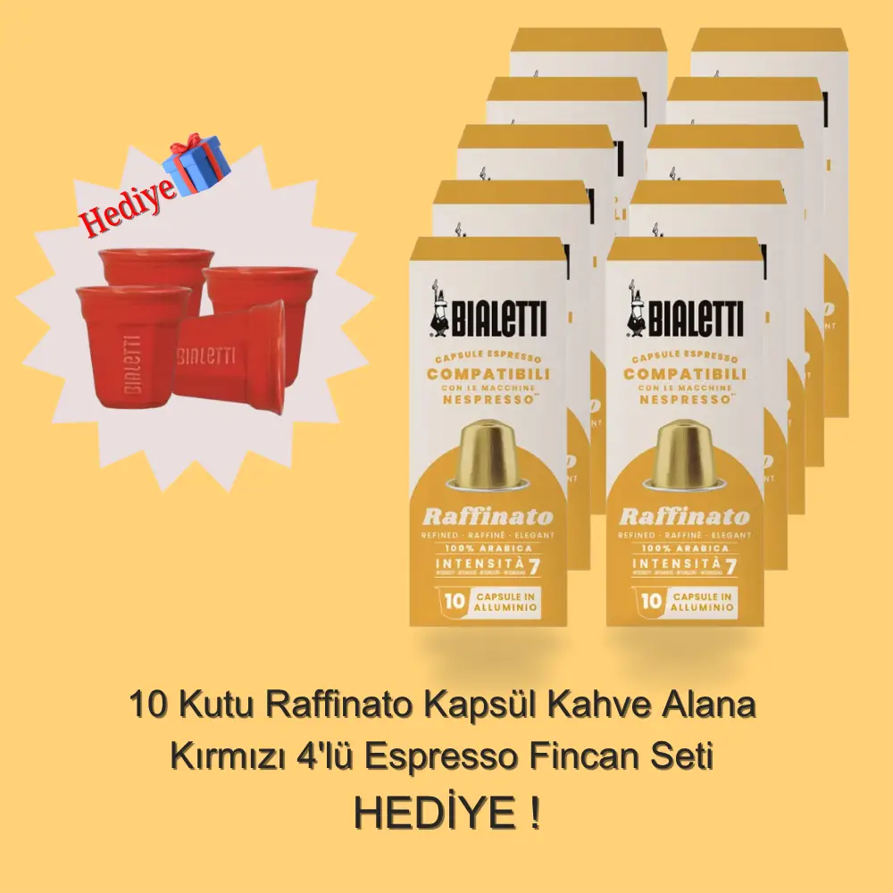 Bialetti Nespresso Uyumlu Raffinato 100 Adet Kapsül Kahve Alana 4 Adet Kırmızı Shot Bardağı Hediye Bialetti Nespresso Uyumlu Raffinato 100 Adet Kapsül Kahve Alana 4 Adet Kırmızı Shot Bardağı Hediye